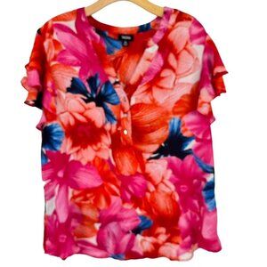 Tacera blouse Womens size  XL Red Pink floral Short Sleeve v neck flutter